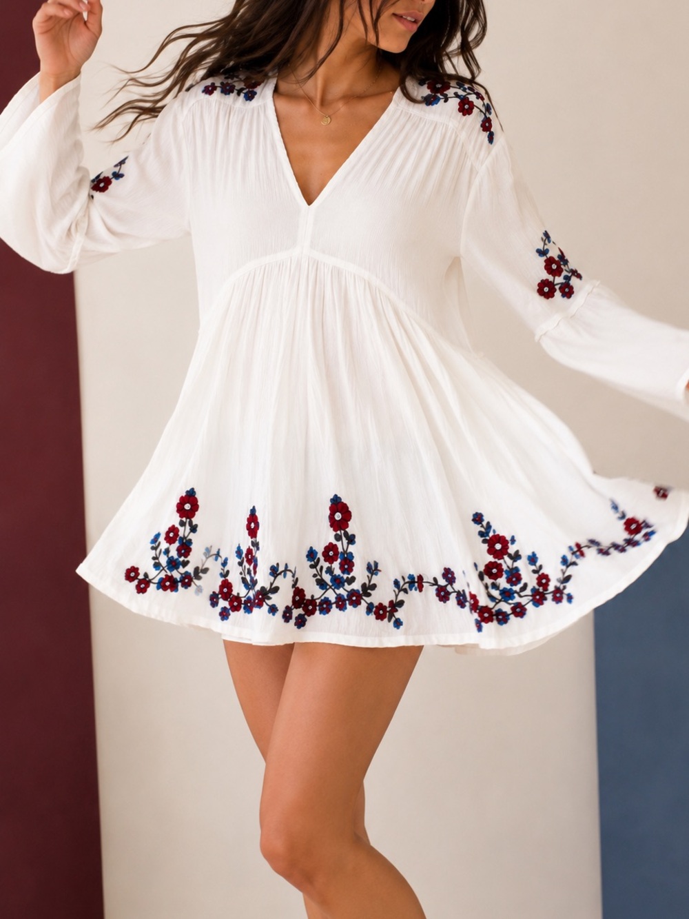 FREE PEOPLE Ivory Embroidered Boho Tunic Bell Sleeve Gauze XS Oversize Fit